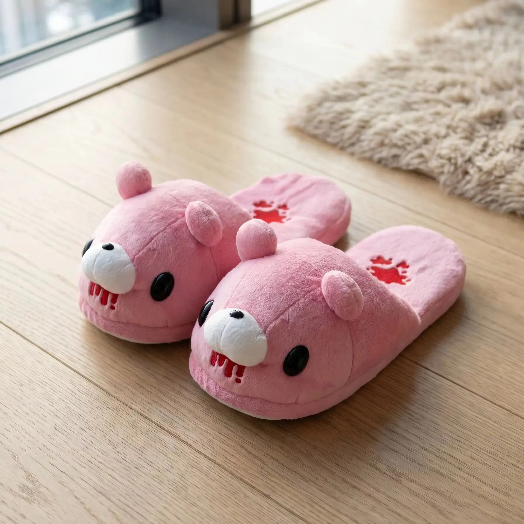 Cute Pink Gloomy Bear Plush Slippers – Soft Warm Fluffy Home Slippers with Blood Stitch Design, Cartoon Anime Indoor Shoes