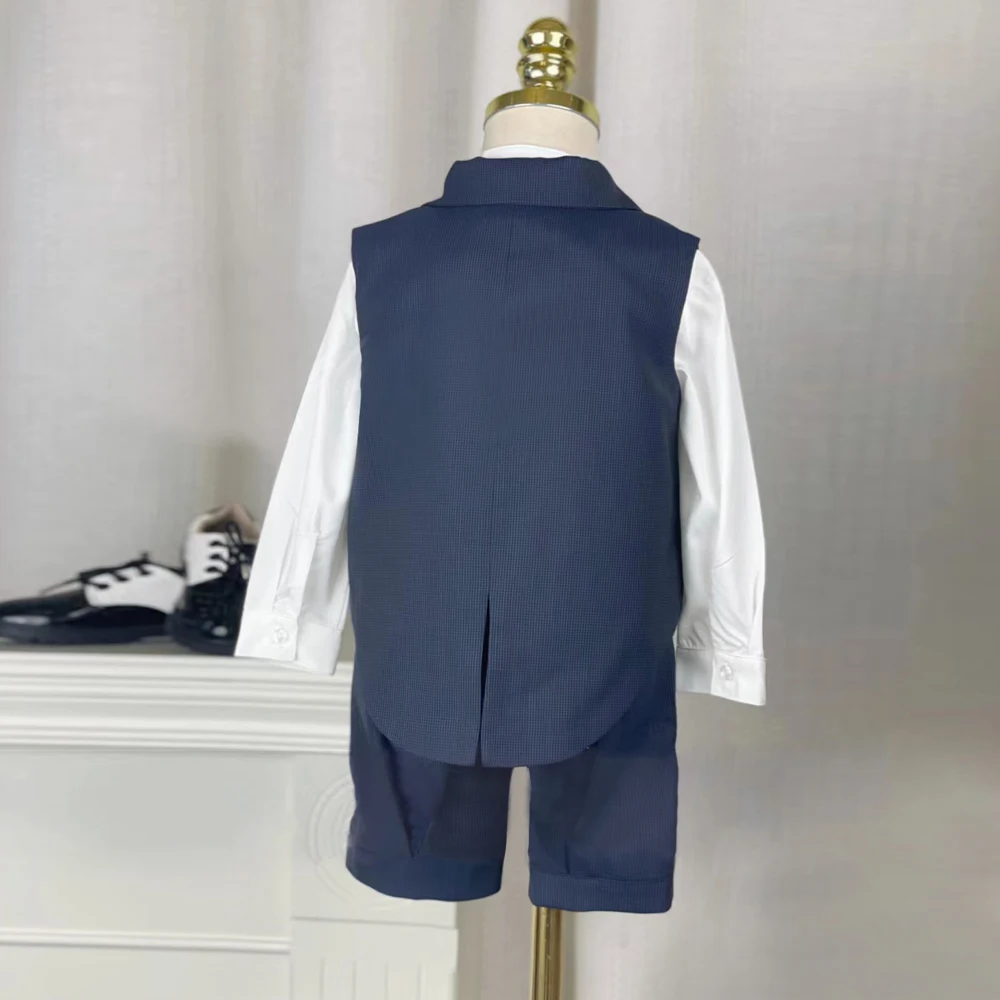 Boys Tuxedo Children Formal Wedding Suit Kids Grey grid Vest Short Botwtie  Suit Flower Boys Birthday Party Dress Costume