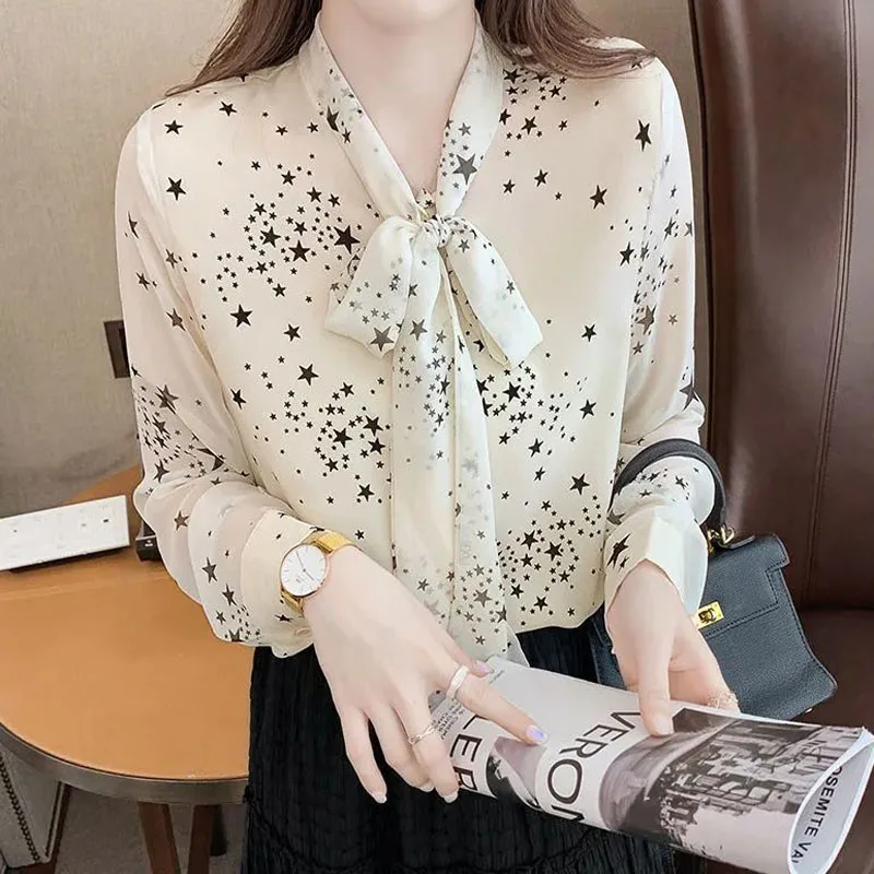 Sweet Lacing Bow Lady Slim Printed Shirt 2024 Spring and Summer Korean Elegant Chiffon Thin Long Sleeve Blouses Pullovers Female