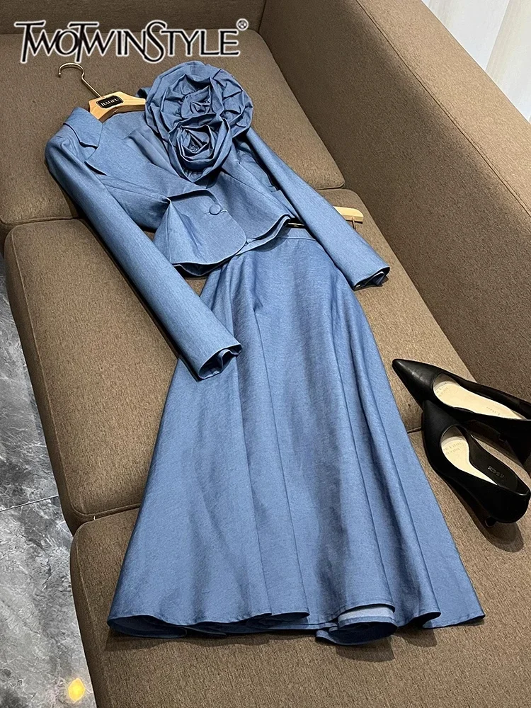 TWOTWISNTYLE New Elegant Two Piece Set For Women Spliced Appliques Balzer High Waist A Line Skirt Set Female Fashion KSE515616