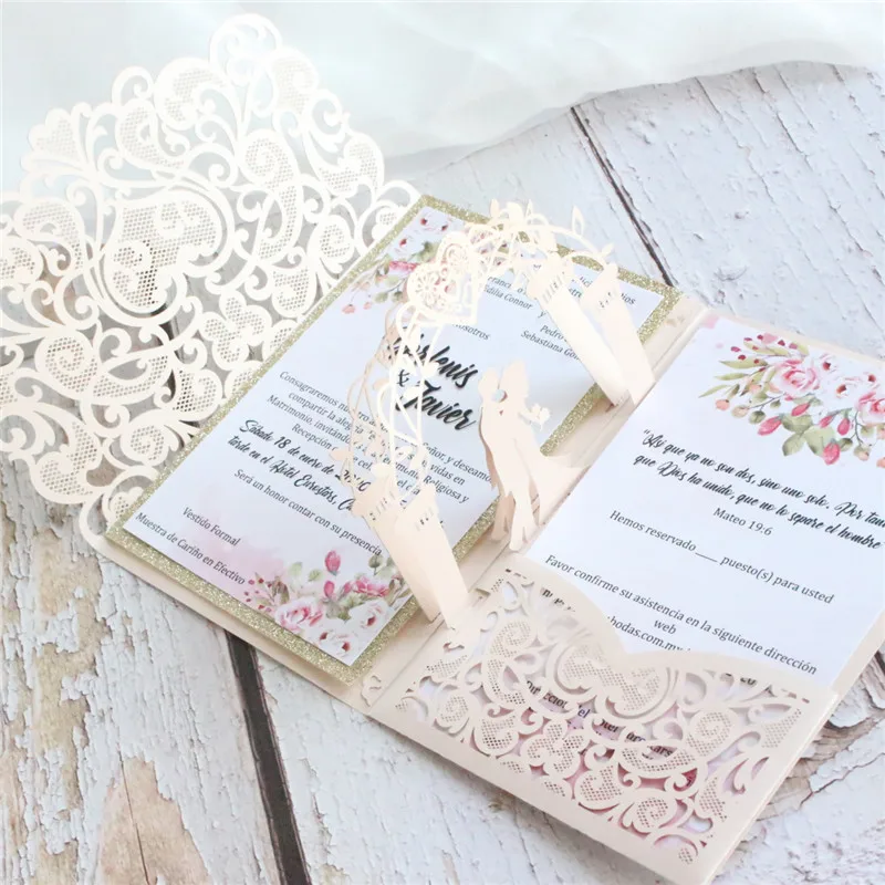 

Pop Up Wedding Invitation Card Floral Laser Cut Invitation Jacket Customized Printing 50pcs