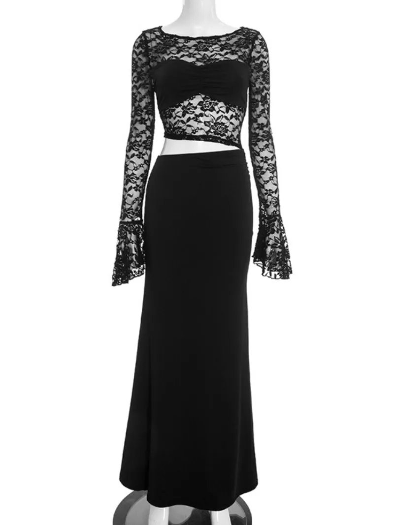 FDYOUI Women O-neck Flare Sleeve Lace Patchwork Evening Dress Elegant See-through Cut Out Asymmetrical Cocktail Party Dresses