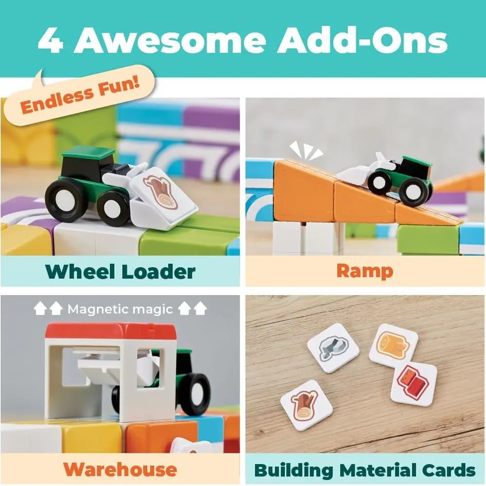 유아용 STEM 자석 블록 3세 이상 - 불도저와 타일이 포함된 3D 컬러풀 블록, 21피스 감각 학습 장난감
