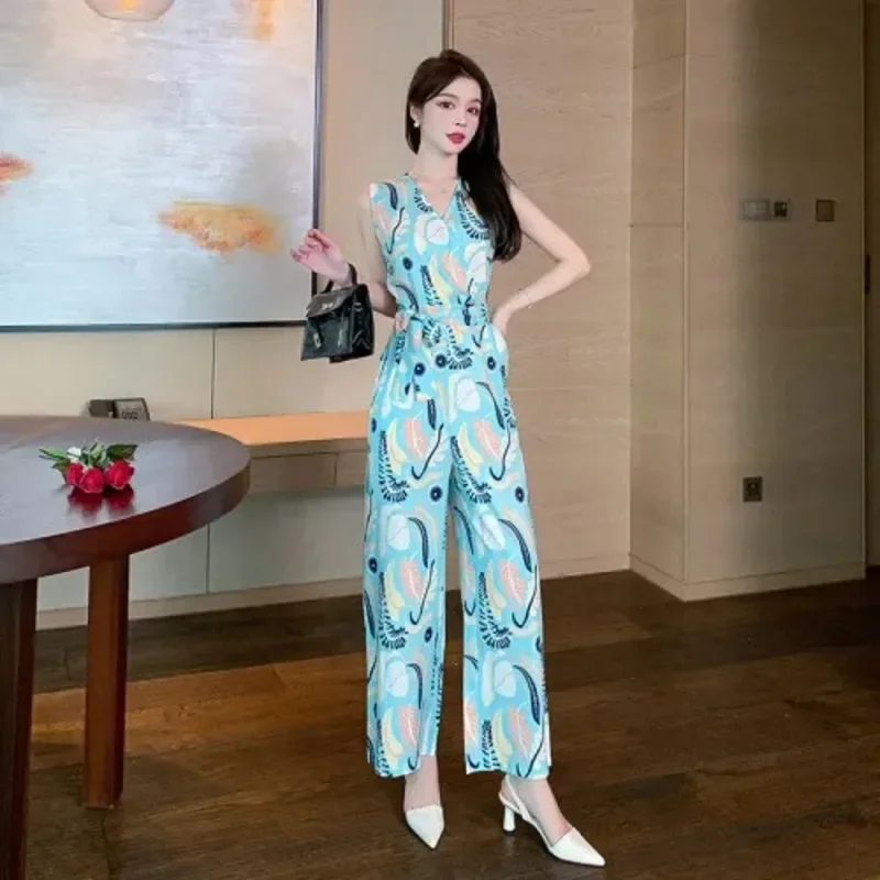 Women's Fashion Chiffon Jumpsuits Strap Trouser Set 2025 Summer New Print Slim And Draping Wide Leg Body Suits For Women Romper