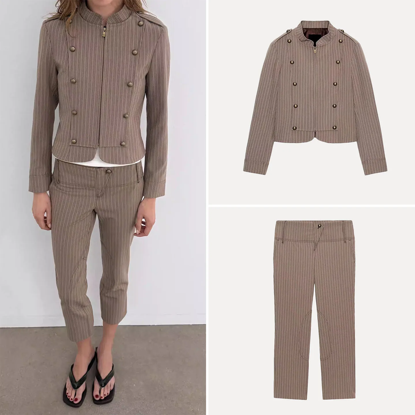 

Женский приталенный костюм: пиджак и брюки в полоску. Модный весенний комплект с длинными рукавами и брюками 7/8. Весенний сезон.