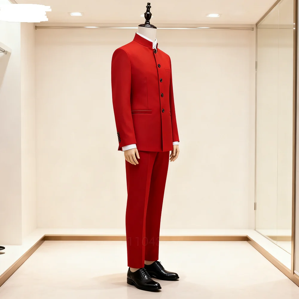 

Classic High Quality 2-Piece Men's Chinese Style Slim Fit Wedding Groom Tuxedo Set with Stand Collar Jacket And Pants