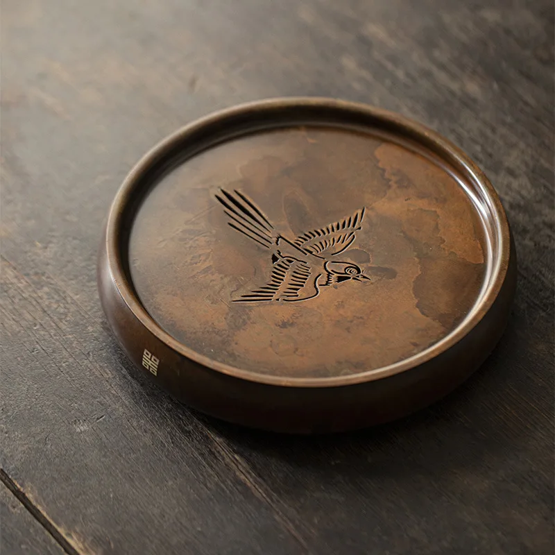 Handmade Silver-Inlaid Magpie Pattern Copper Tea Tray, Collectible Round Dry Brewing Stand, Gongfu Tea Pot Holder & Tea Coaster