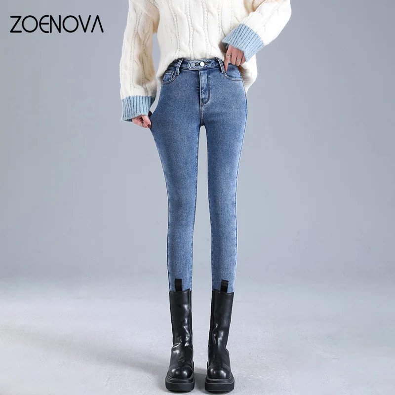 Women Thermal Jeans Winter Snow Warm Plush Mid Waist Stretch Jeans Lady Skinny Thicken Denim Pants Fleece Mom Blue Fur Trousers