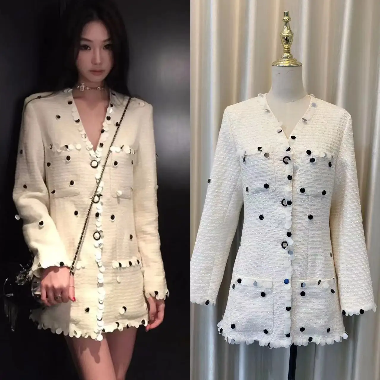 

2024 Autumn Winter Elegant Women V Neck Sequins White Tweed Coat Female High Quality Luxury Niche Brand Jacket Top G706