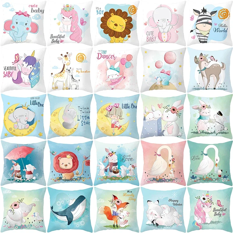 Polyester Cushion Cover Cute Animal Printed Pillowcase Home Decor for Sofa Bedroom 45x45 Peach skin polyester pillowcase