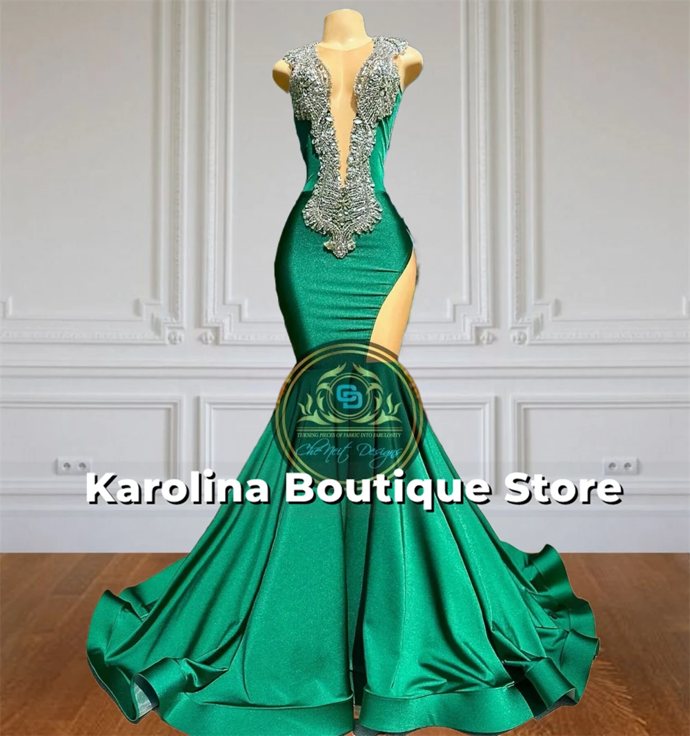 

Emerald Green Mermaid Prom Dresses Silver Beaded Rhinestones 2025 Birthday Luxury Dress Formal Occasion Gowns Customized