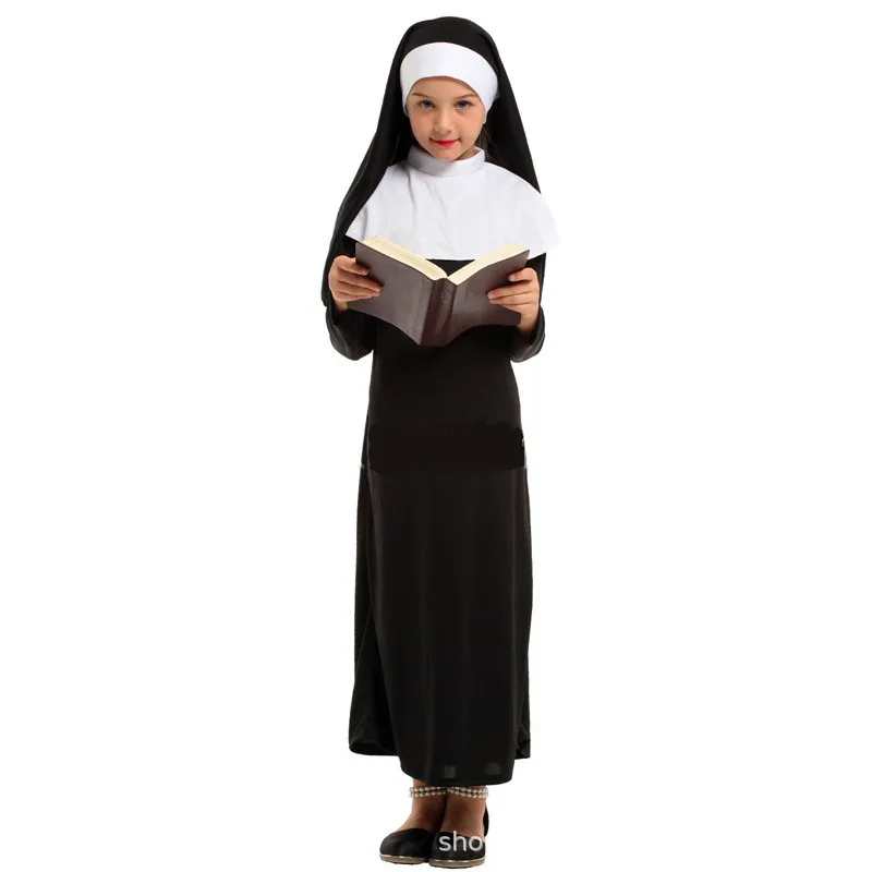 Girls Halloween Sister Nun Costumes Kids Children Priestess Cosplay Carnival Purim Parade Nightclub Bar Role Playing Party Dress