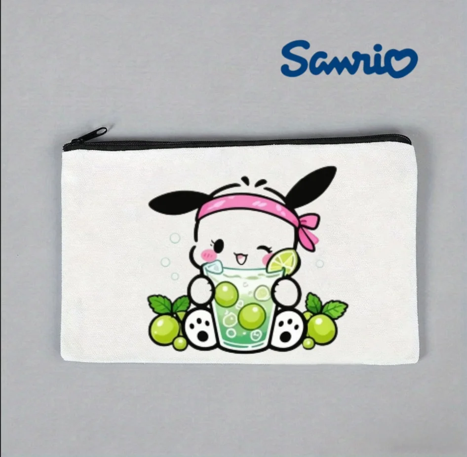 

1PC Sanrio Pochacco Green Grape Summer Drink Double Sided Canvas Cosmetic Bag Unisex Zipper Makeup Storage Travel Pouch