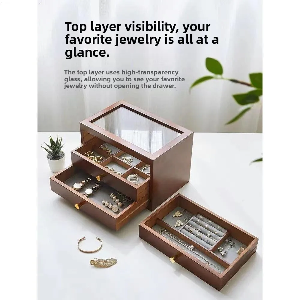 High End Retro Wooden Jewelry Box Large Capacity Earring Organizer Desktop Cosmetic Storage Box Multi Layer Home Storage