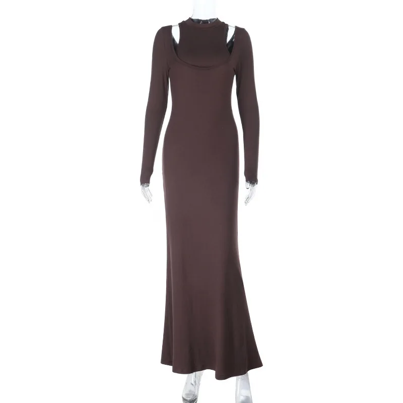 アプリバント レディース セクシー カットアウトショルダー マキシ丈ワンピース スリム モックネック 長袖 ロングドレス 2025 秋冬新作 ストリート パーティーウェア