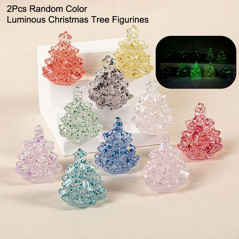 2Pcs Glow-in-the-Dark Wishing Christmas Tree Figurine Cute Luminous Mini Ornaments Micro Xmas Scene Landscape Decorations