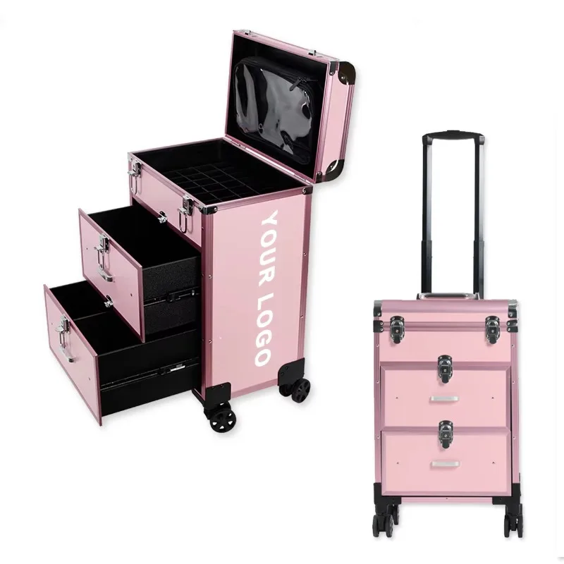 Custodia per trucco con ruota universale staccabile alla moda calda Cassetta degli attrezzi per tatuaggi per unghie di bellezza con asta di trazione personalizzata con cassetto per i viaggi