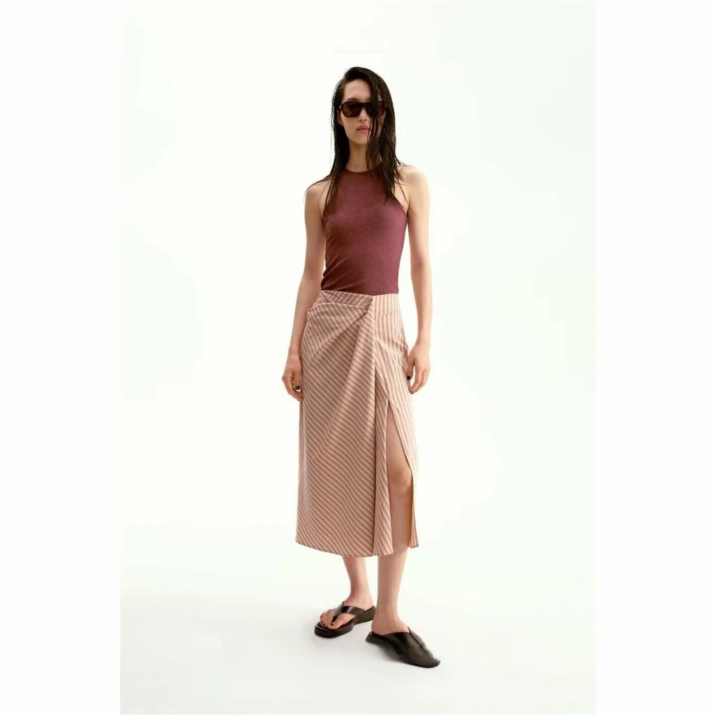 Spring Summer New Arrival Women's Midi Skirt Cotton Blend Straight Cut Pleated Decoration Half-length A-Line Skirt