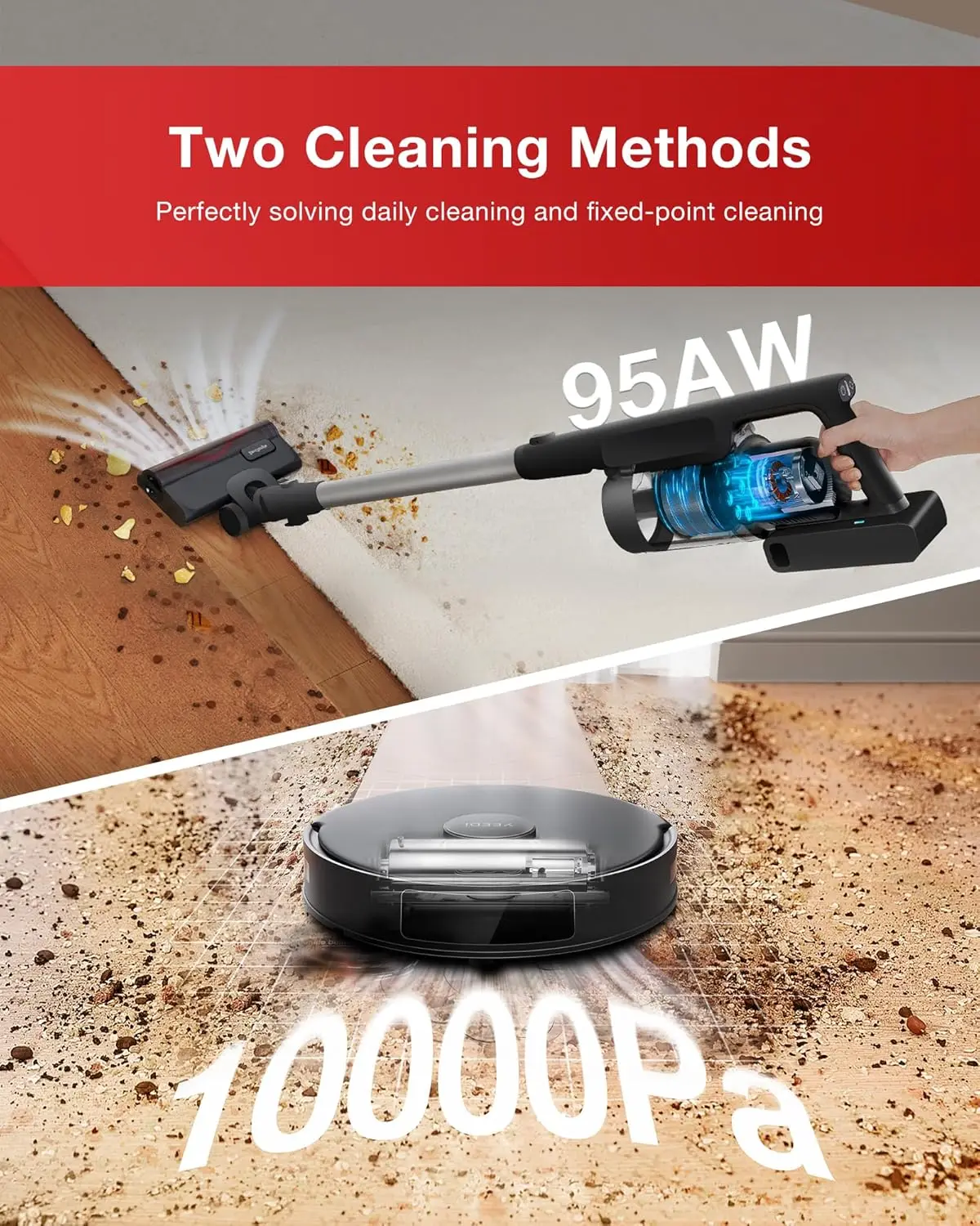 C12 Combo Cordless Stick Vacuum & Robot & Mopping, ฮับทําความสะอาดแบบ All-in-one พร้อมระบบดูดอัตโนมัติแบบ Dual, การดูด 10,000Pa