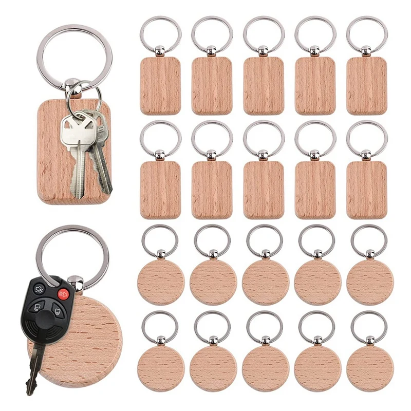 20 Pcs Wooden Keychain Blanks Wood Engraving Blanks Personalized Key Tags With Ring Unfinished For DIY Craft Accessories