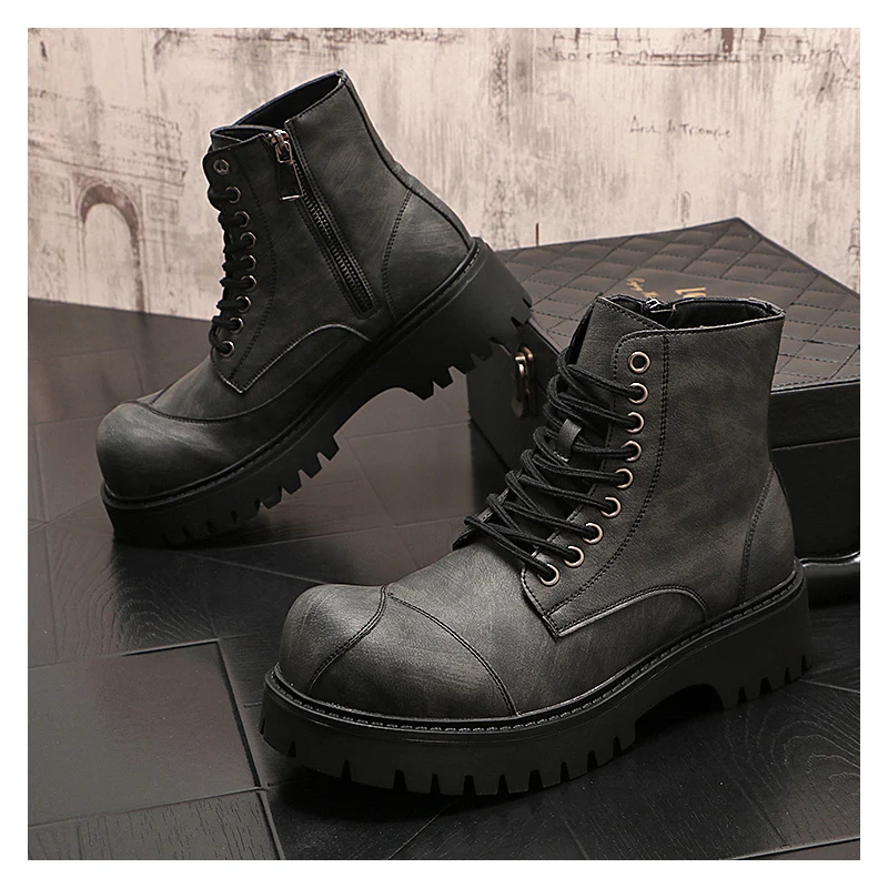 British style mens fashion high motorcycle boots lace-up original leather shoes big toe cowboy platform boot cool desert botas