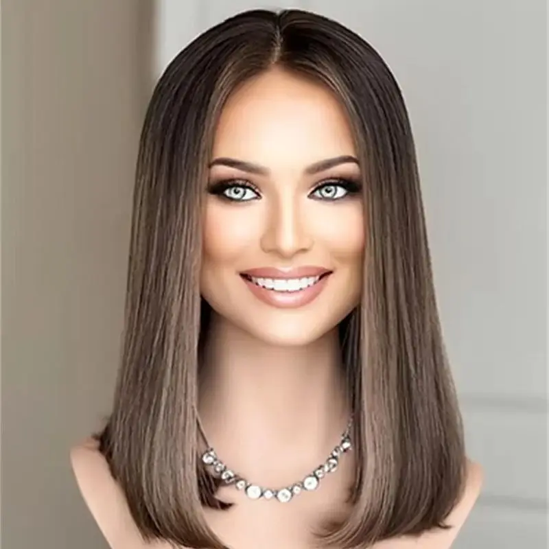 

Fashion Wig Ombre Brown Blonde Colored with Dark Roots Synthetic Lace Front Wig Without Glue Preplucked Hairline Straight Bob