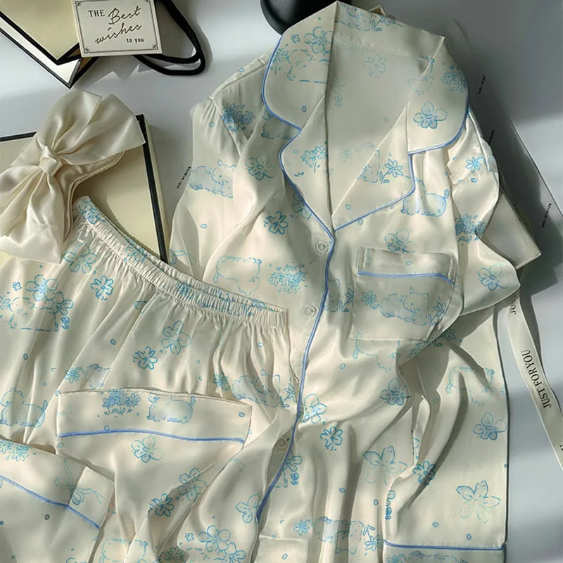 Ice Silk Pajamas Women's Spring and Autumn Small Fresh Long Sleeves and Trousers Silk Casual Thin Loungewear Can Be Worn Outside