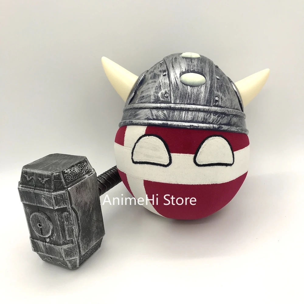 

The Kingdom of Denmark Ball and Viking helmet hammer Doll DNK countryballs plushies Cosplay Polandball Plush Toy for Gift 20CM