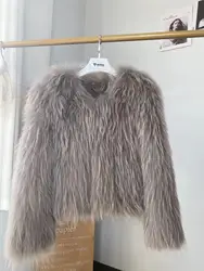 Abrigo de piel de mapache Real para mujer, Chaqueta de punto de doble cara, piel Natural gruesa, manga larga, cuello en V, invierno, nuevo, 2024