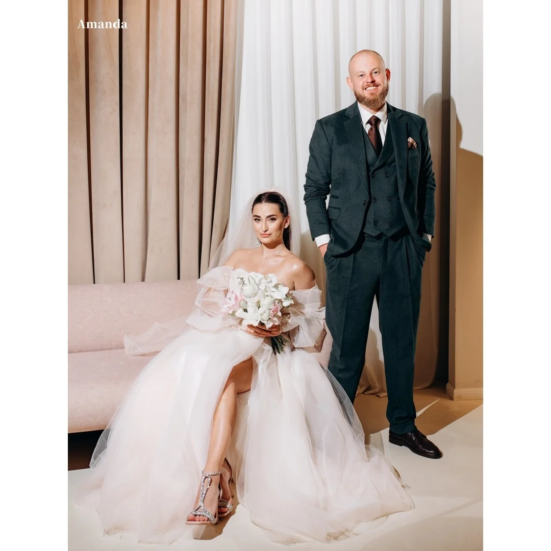 

Amanda Customized White Off The Shoulder Puff Sleeve Prom Dress Veil Mesh Fabric vestidos de noche Strapless Formal Evening 2025
