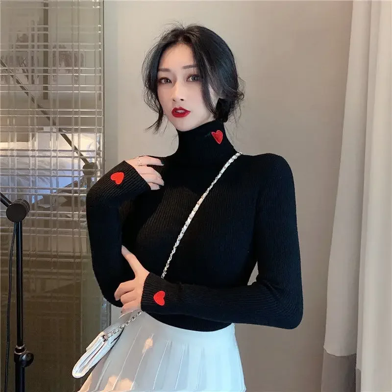 

Turtleneck Women's Knit Sweater Black Embroidered Slim Fit Ladies Pullovers Aesthetic Offers Harajuku Winter 2024 Warm Trend