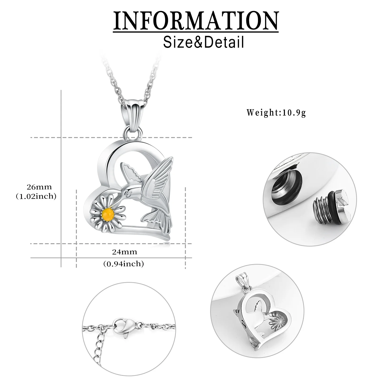 Cremation Jewelry Hollow Heart With Hummingbird Pendant Urn Necklace For Ashes Lover's Gift Memorial Keepsake Customize