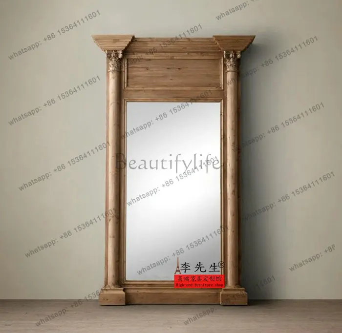 American simple European full-length mirror, European French retro old solid wood carving flower, fitting mirror
