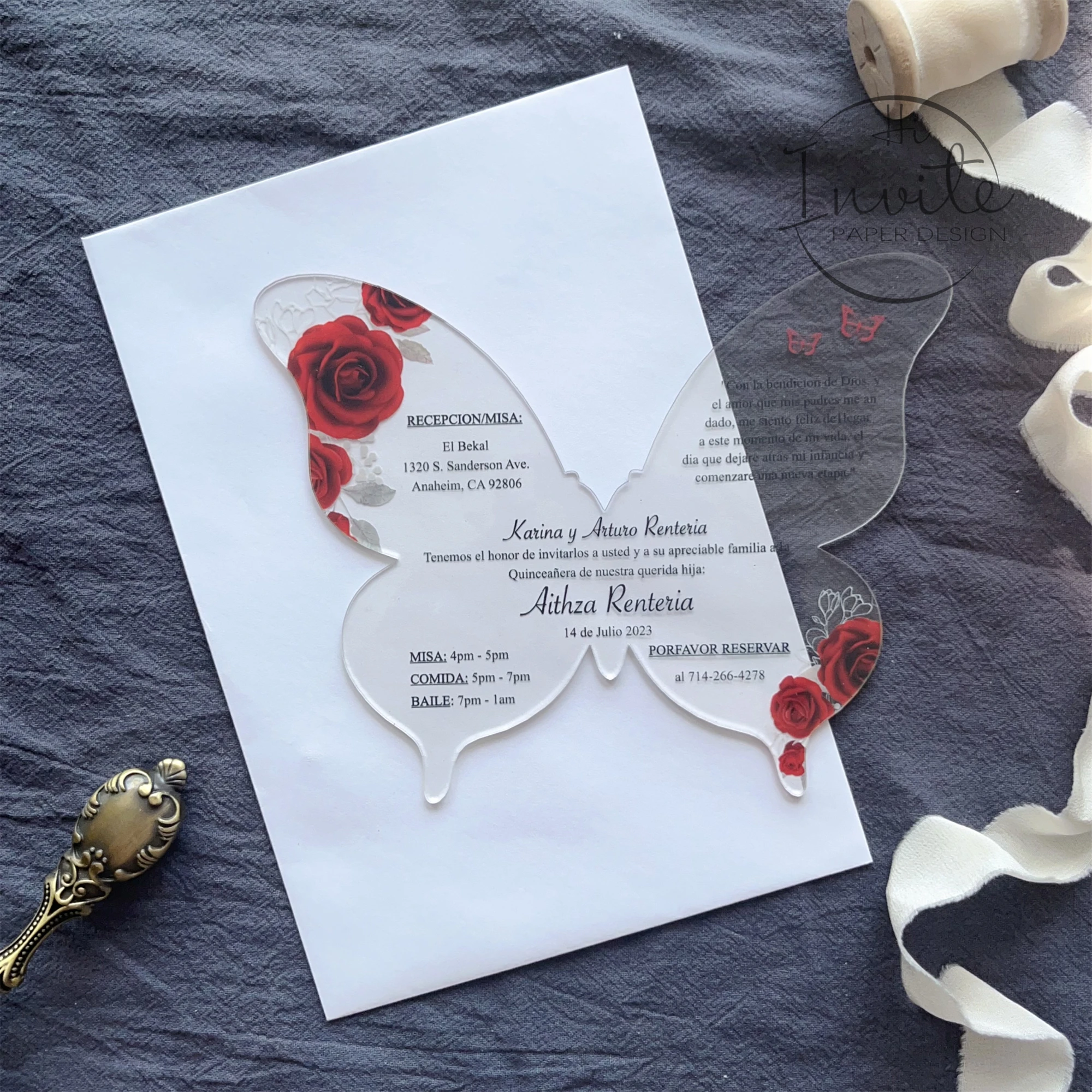 Red Rose Froral Butterfly Shape Acrylic Quinceañera Invitation, Personalize Your Modern XV Anos Invite And Envelope