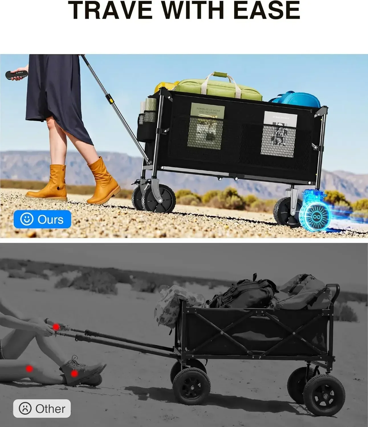 Electric Utility Wagon Cart–330 lb Load, 180 L Foldable Beach Wagon with Remote, 4-Speed, All-Terrain Wheels for Camping, Beach,