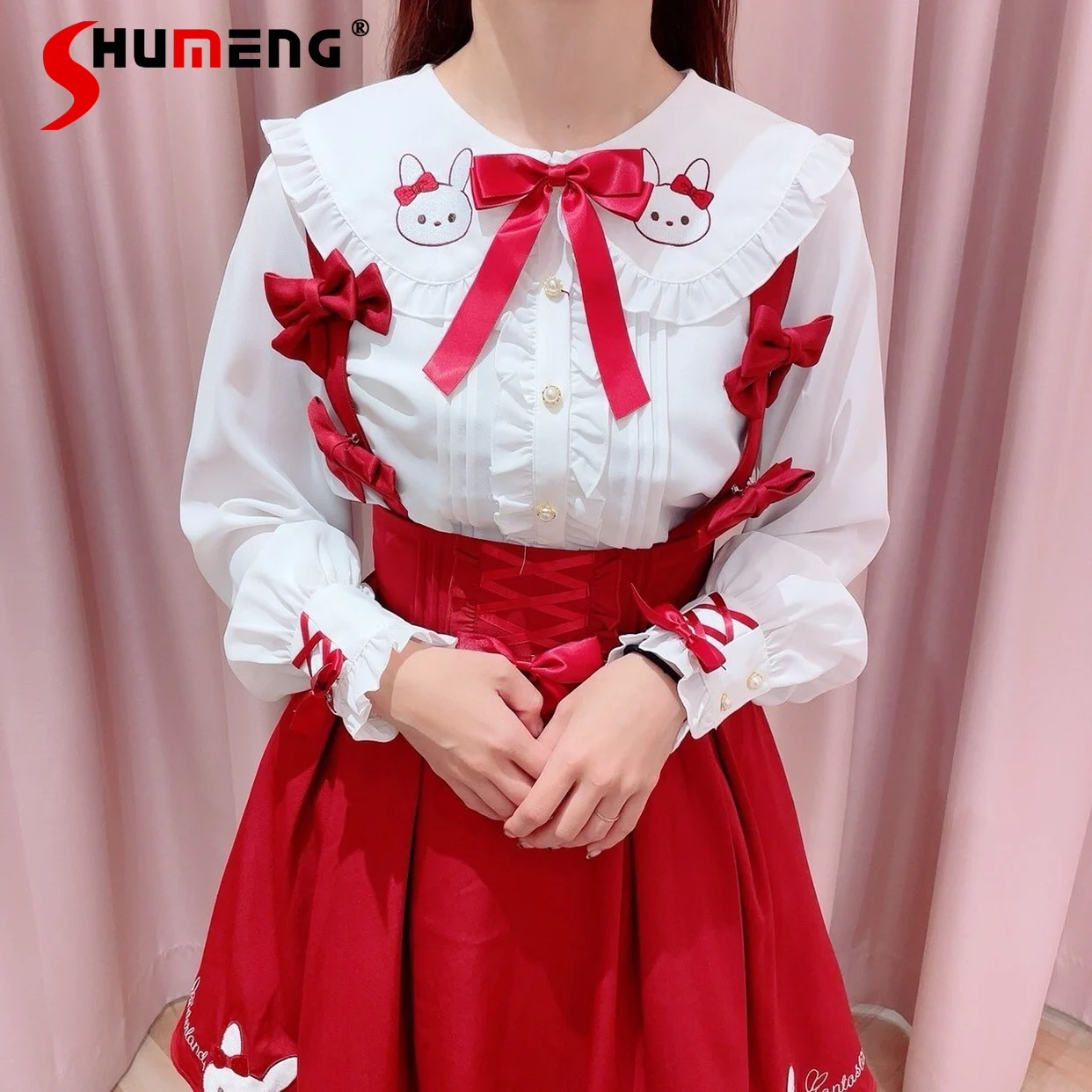 

Japanese Mine Style Sweet Cute Rabbit Ear Doll Collar Embroidered Bow Long Sleeve Single-Breasted Lolita Inner Shirts Tops Women