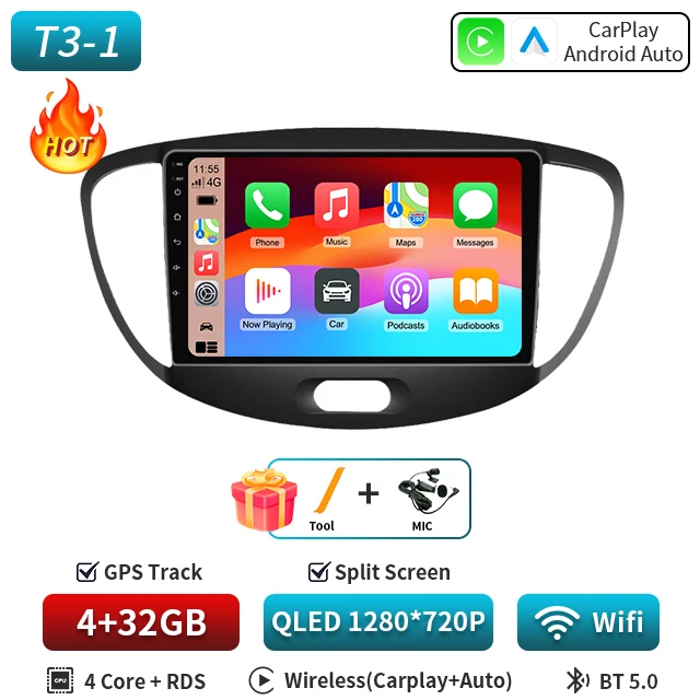 Android 16 CarPlay Auto 5G WIFI Autoradio Voor Hyundai i10 2007 2008 2009 2010 2011 2012 2013 GPS multimedia Spelerereo BT DVD