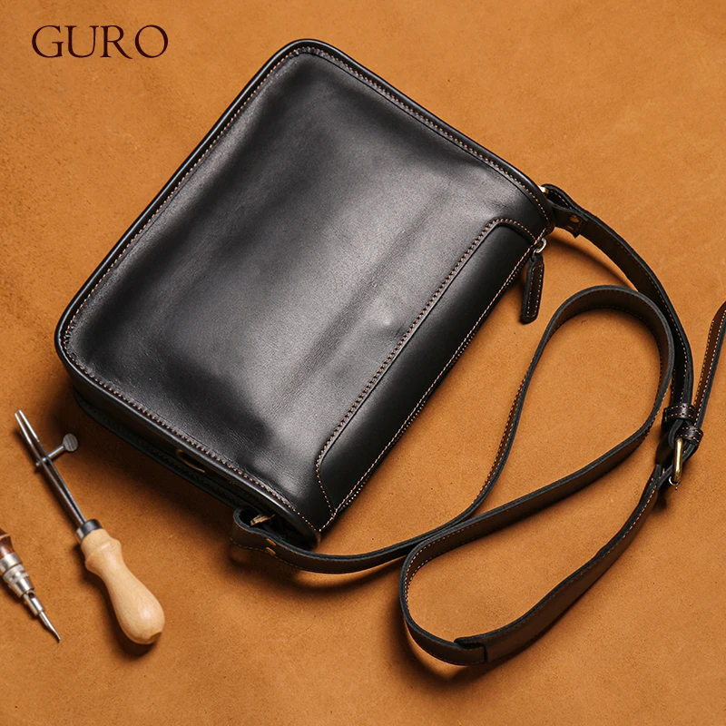 GURO High Quality Genuine Leather Retro Minimalist Crossbody Bag Unisex Messenger Bag Cowhide Durable Daily Casual Shoulder Bag