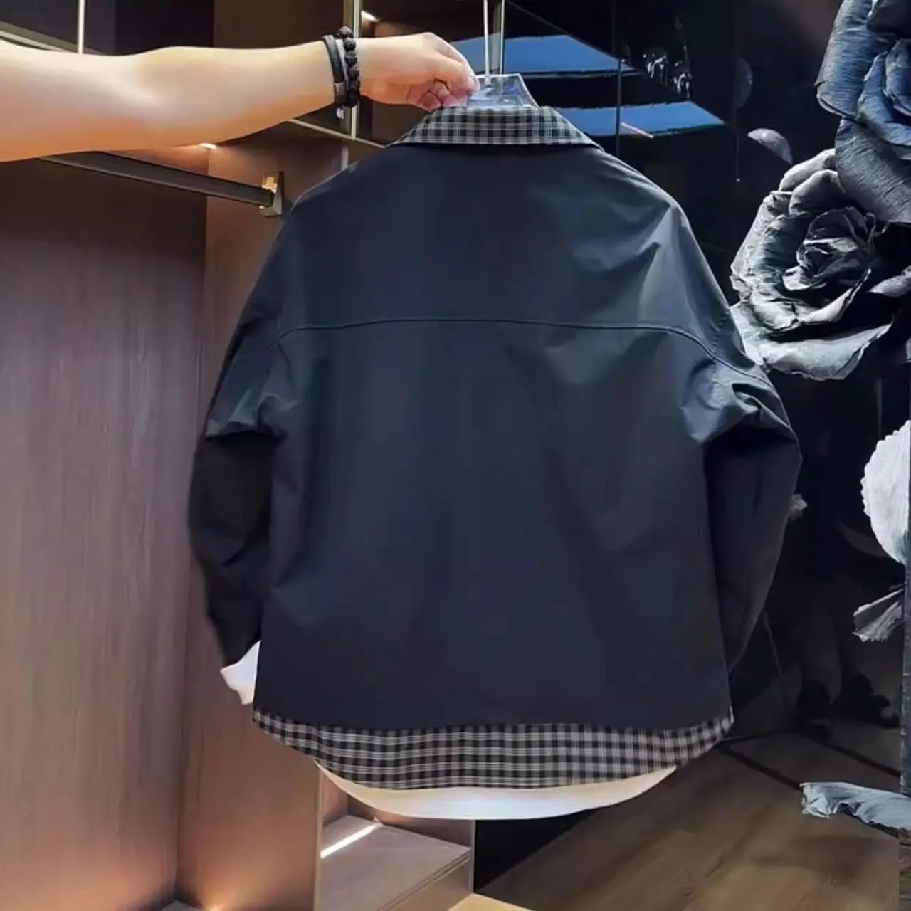 

Casual Plaid Loose Fit Collar Workwear Jaet for Men Autumn Trendy Korean Sle Youthful Haome Outerwear Polyester Fiber