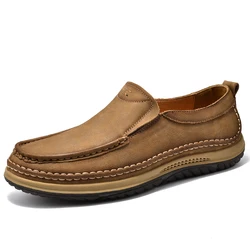 Zapatos informales de piel de vaca para hombre, mocasines de cuero genuino cosidos a mano, sin cordones, transpirables, novedad