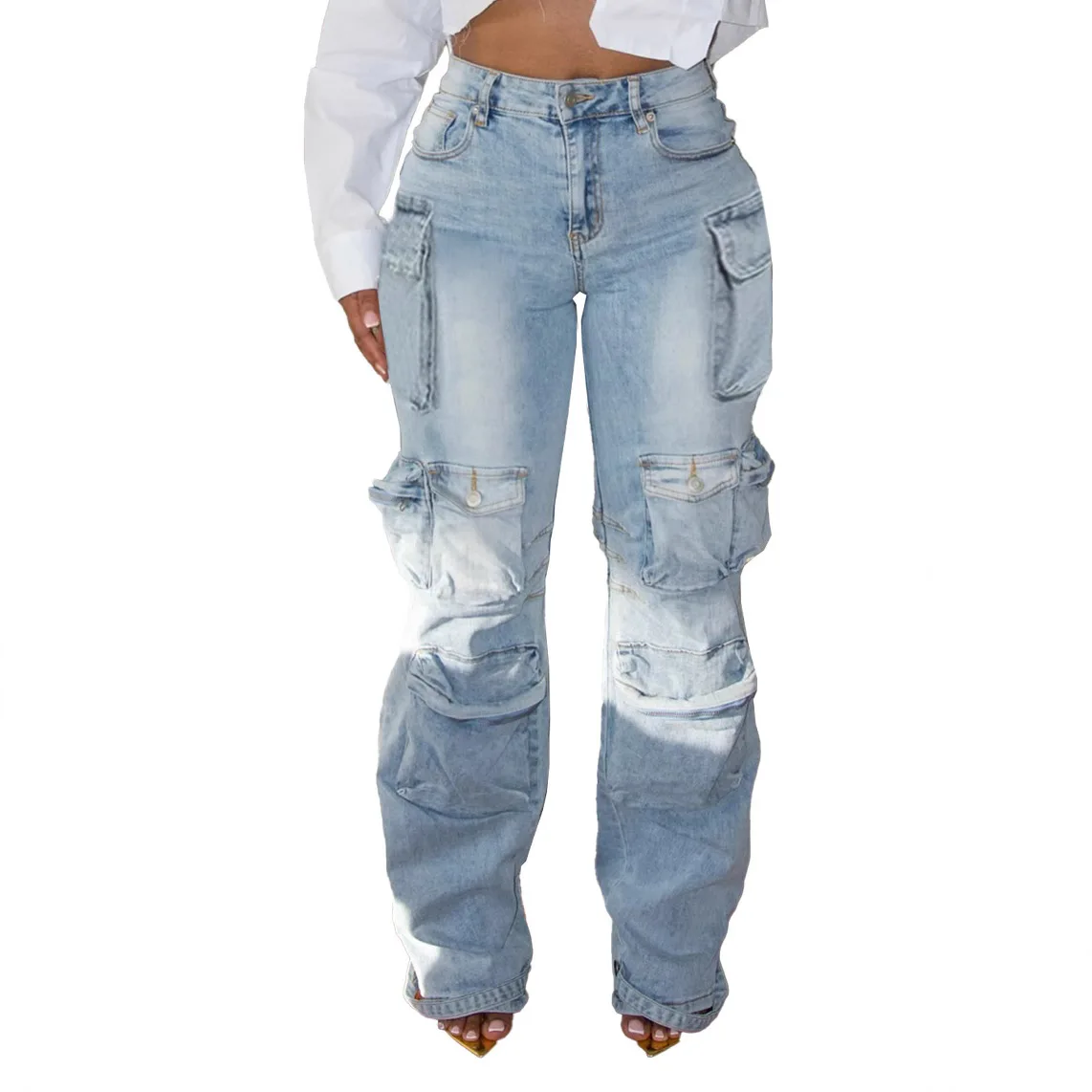 

Cargo Jean Washed Women Jeans Denim Pants Patchwork Pockets Safari Style Loose Solid Distressed Full Length Flat Zipper Fly