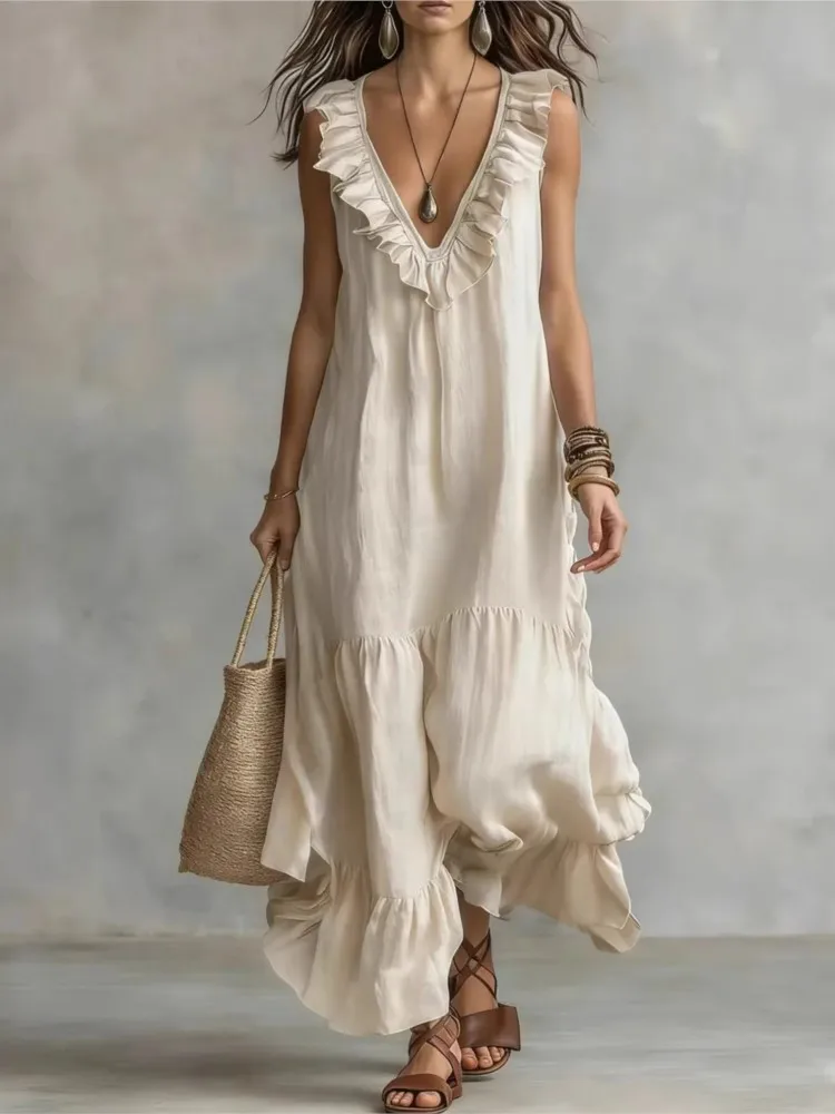 New All-Match Women's Casual Sleeveless V-neck Large Swing Dresses Summer Chic Ruffles Loose Woman Holiday Party Robe Dress