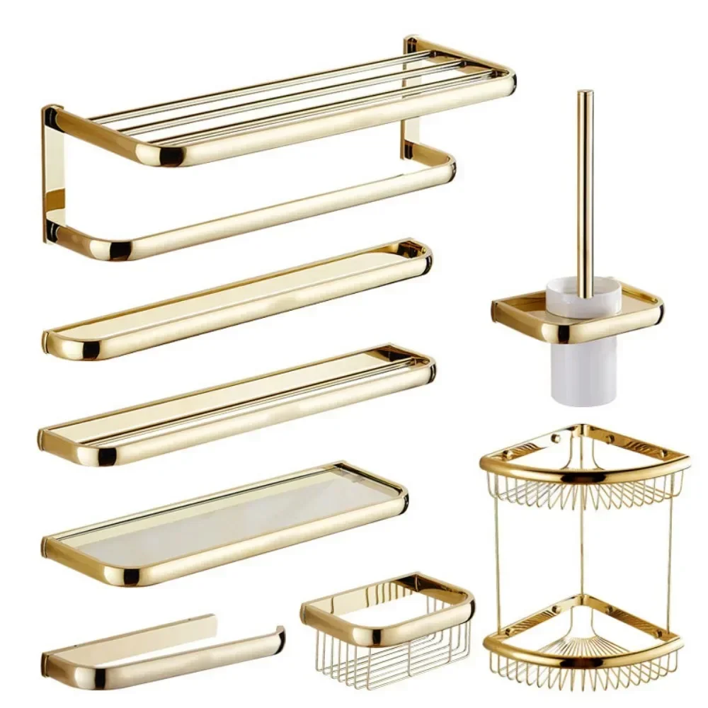 Gold Full Copper Towel Rack Hanging Rods Bar Hooks Bath Shelf Toilet Brush Paper Holder Bathroom Hardware Organizer Accessories