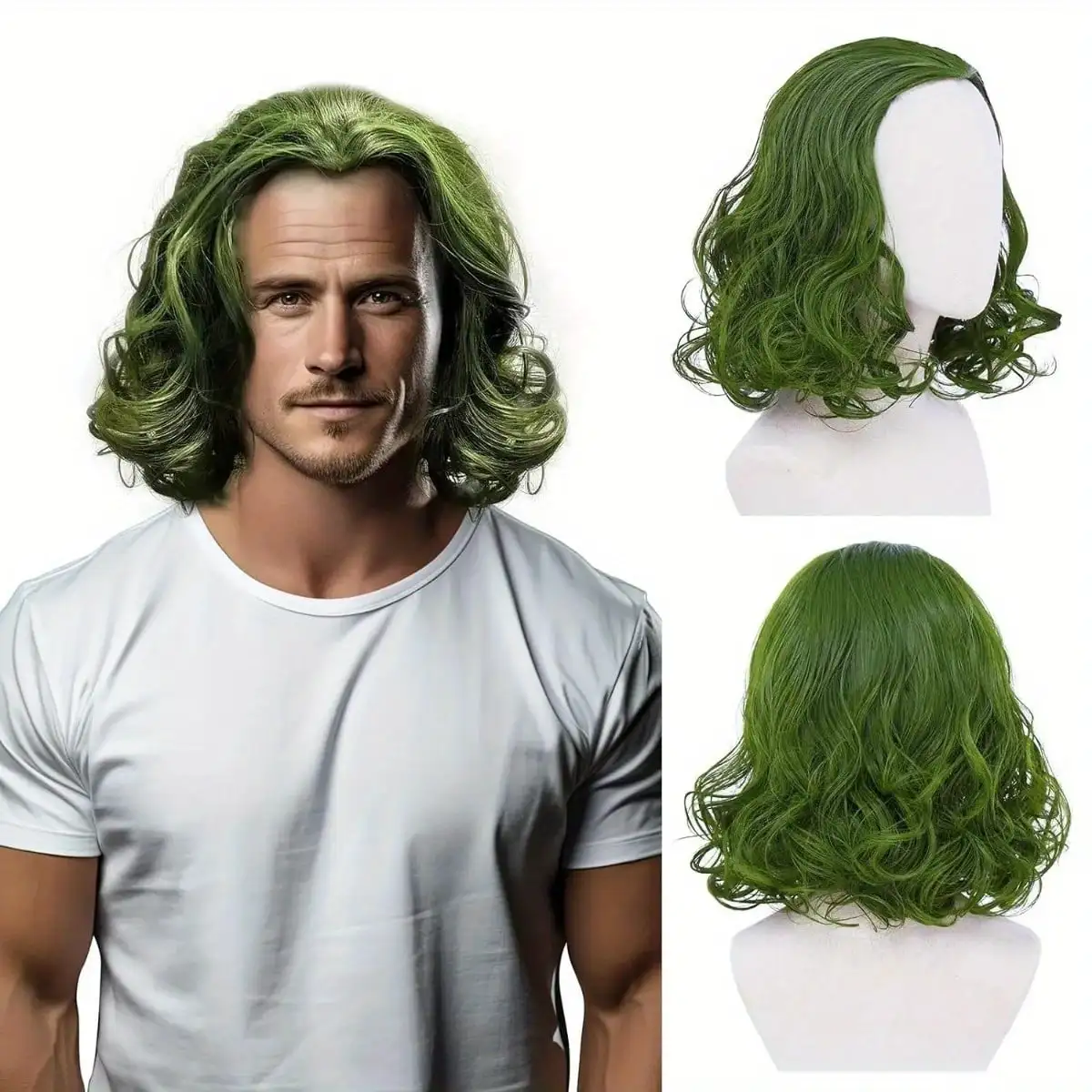 

Men's Wavy Green Synthetic Wig - Cool & Handsome Style, Ideal for Clown Cosplay, Halloween Party Costume