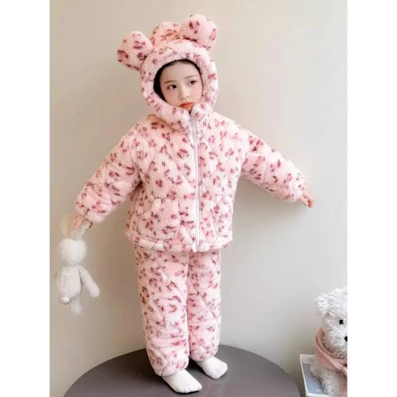 Girls Three-Layer Cotton-Padded Pajamas Set Winter Thickened Flannel Cute Sleepwear for Baby Girl Kids Homewear Loungewear