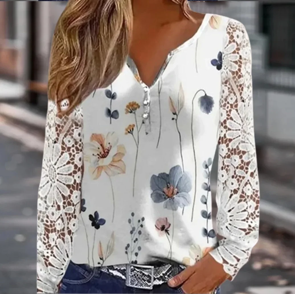 V Neck Elegant Floral Blouse Women Lace Long Sleeve Tops Office Lady 2024 Spring Casual Buttons Shirts