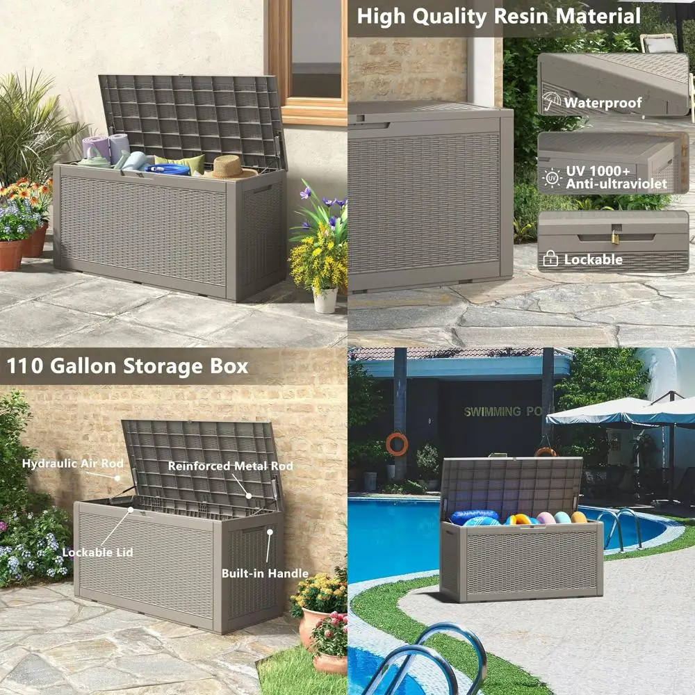

Weatherproof Resin Deck Box, 110 Gallon Grey, Lockable Lid for Indoor & Outdoor Storage