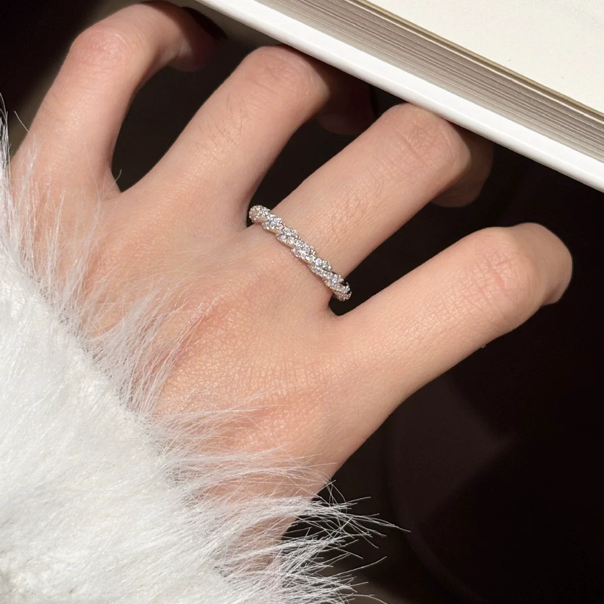 S925 Silver Twisted Rope Moissanite Band Ring for Women, Fixed Size Stackable Jewelry