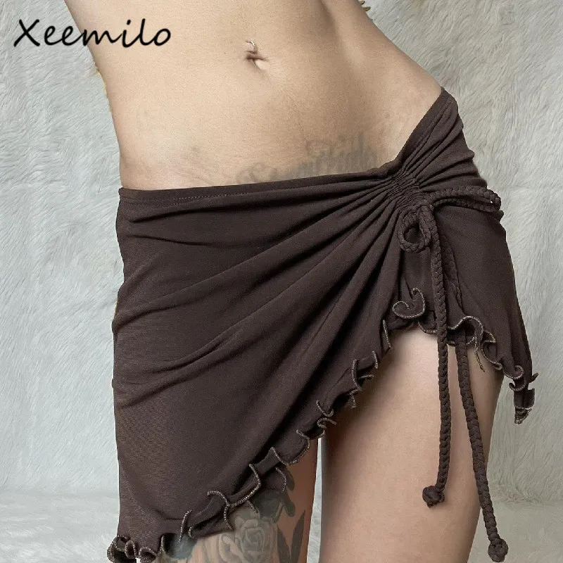 

Xeemilo Y2K Irregular Shape Draw-string Mini Skirt Vintage Brown Sexy Bandage Low-waist Skirt Summer Chic Streetwear Short Dress