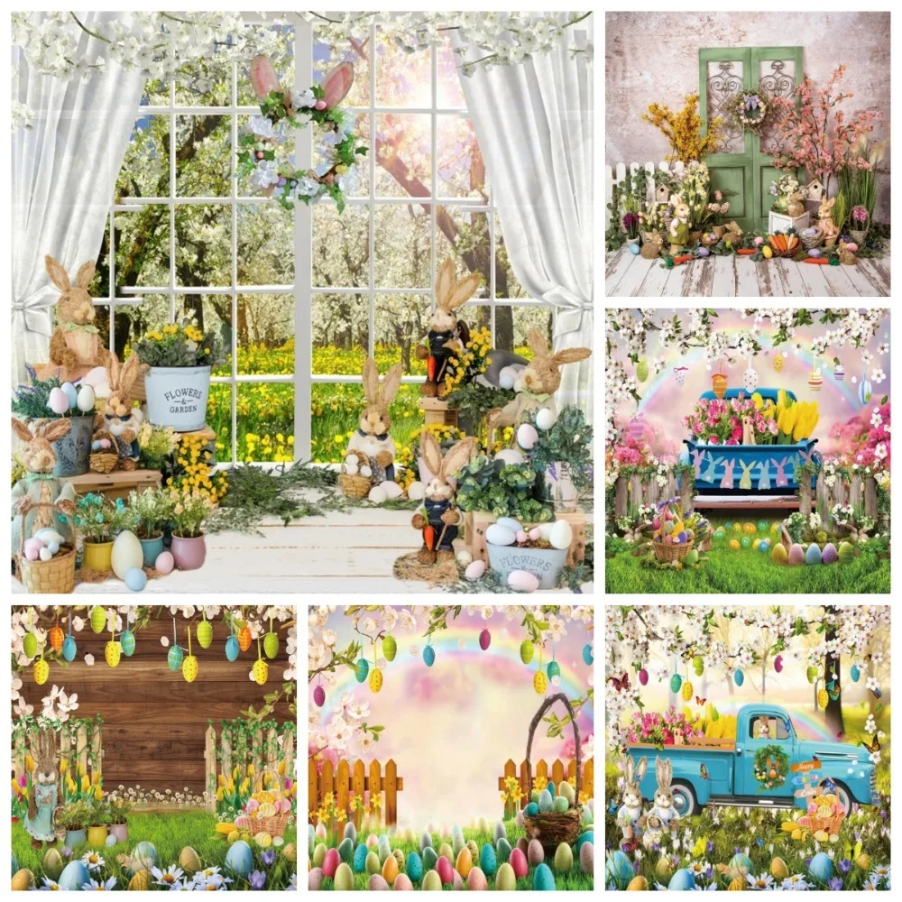 

Spring Easter Rabbit Flower Theme Photography Background Cloth, Children's Birthday Party Decoration Photography Studio Backdrop
